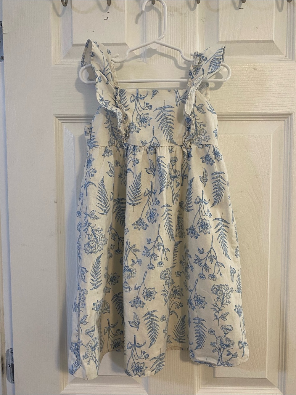 Girls' Cream Floral Ruffle Strap Dress with Blue Print